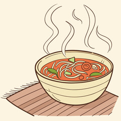  Hand-drawn noodle soup illustration with steam, vegetables and aromatic broth in bowl on mat, cozy Asian food art