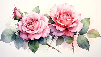 Watercolor illustration featuring two vibrant pink roses in full bloom with a bud. Green leaves and thorny stem details are also included