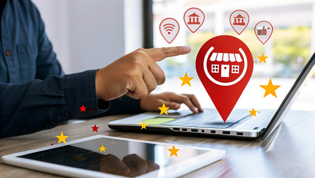 Person using laptop to find local businesses and leave positive reviews