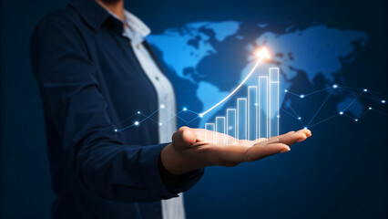 A businesswoman is holding a graph showing business growth, with a world map in the background, symbolizing global expansion