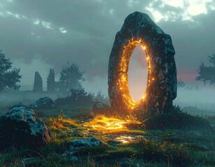 Illuminated portal of stone, with a field in a misty, foggy landscape