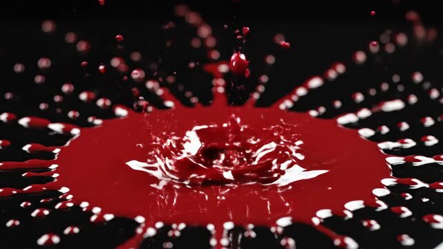 A blood splatter impact creates a splash and spreading droplets on a dark surface.