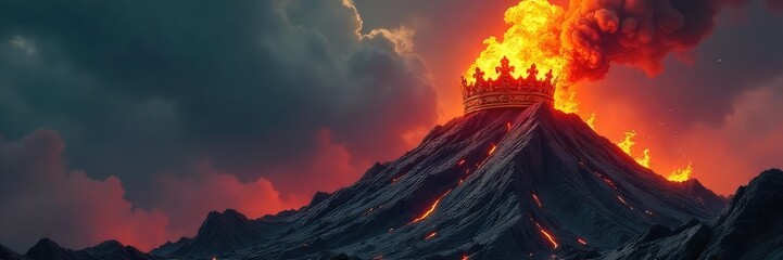 A fuming, powerful crown rests on a jagged, volcanic rock formation, signifying untamed rage and dominance The image evokes a sense of fiery wrath and absolute power , majestic, kingdom