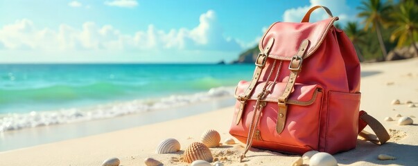 Obraz premium A joyful backpack rests on a sun-drenched beach, seashells scattered nearby, embodying carefree travel and summer bliss The vibrant scene evokes feelings of adventure and relaxation , calm, water