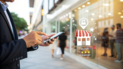 Businessman using smartphone to search for shop location online with star rating and shop icon online business concept for customer
