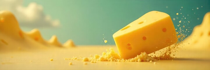 A playful image of a block of cheese dramatically leaving the scene, perhaps propelled by a spring or other unseen force  A comical, slightly surreal depiction of dairy escape ,  quick,  spring