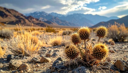 Dry Spiky Desert Plant in Golden Hour Sunlight with Mountain Range Backdrop and Arid Landscape