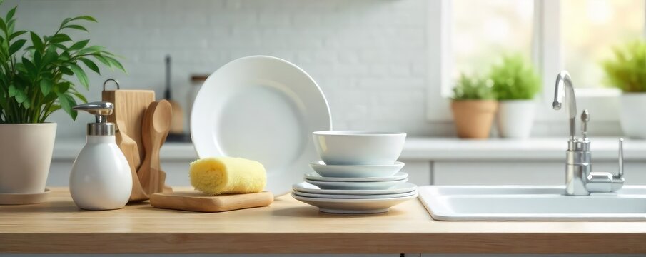 A neatly organized kitchen counter with sparkling clean dishes, a fresh sponge, and a minimalist countertop organizer Simple, everyday housework tasks completed , housework, sparkling clean, daily
