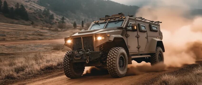 Secure logistics in distant places are highlighted by an armored car security escort traveling over a rural dirt road with vast fields and no infrastructure.