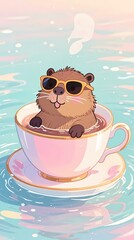 cute capybara wearing sunglasses floating in a giant teacup on pastel water whimsical illustration composition 9_16 vertical