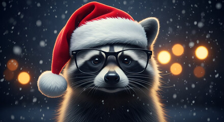 Fototapeta premium Cute Raccoon in Santa Hat Christmas Cartoon Character