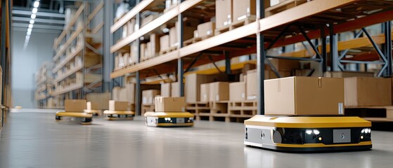 Warehouse robots transport packages efficiently in a modern logistics center during daylight hours, showcasing advanced automation technology