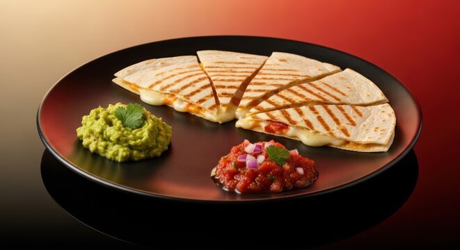 Delicious quesadilla slices served with fresh guacamole and tomato salsa