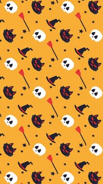 Pattern halloween objects on an orange backdrop. vertical video. video loop