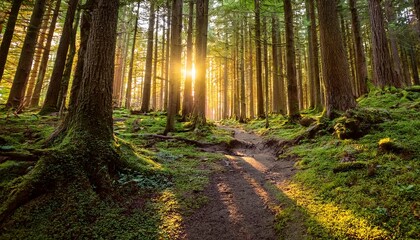 Fototapeta premium Sunlit Forest Path Mossy Trees Golden Hour Glow