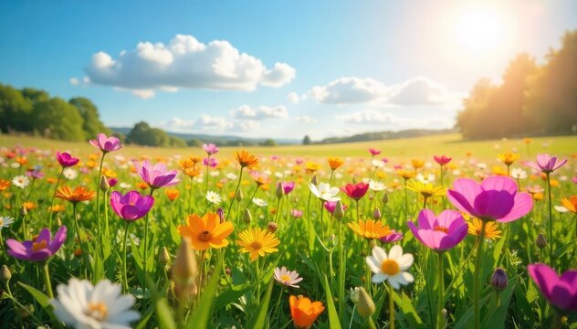 Fototapeta A vibrant field of wildflowers in full bloom under a bright spring sky, signifying freedom and joy Perfect for themes of renewal, happiness, and carefree living , tranquil, green, nature