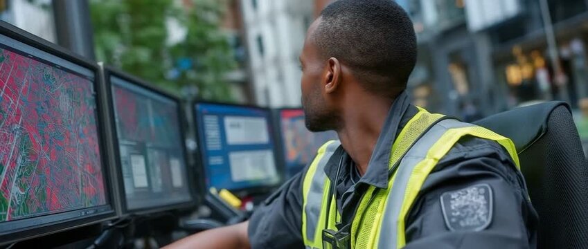 During the day, a security guard checks patrol routes on a computerized map to make sure all safety precautions are taken for regular daytime rounds.