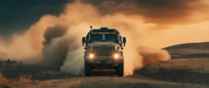 Secure logistics in distant places are highlighted by an armored car security escort traveling over a rural dirt road with vast fields and no infrastructure.
