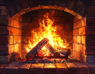 Illustration of a brick fireplace with a roaring fire burning brightly
