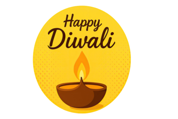 Happy Diwali greeting illustration with glowing clay oil lamp and bright festive yellow background design for celebration isolated on white background