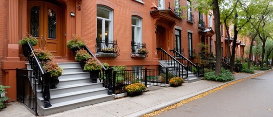 Obraz premium Charming brownstone homes lined with greenery and flowers on a quiet street in a residential neighborhood during autumn