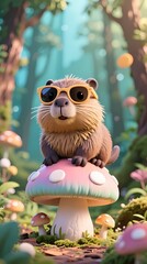 cute capybara wearing sunglasses perched on a pastel mushroom in a whimsical forest vertical composition fun wallpaper