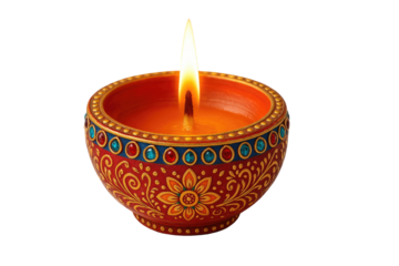 Traditional decorative Diwali diya lamp with colorful beads and golden floral design glowing bright flame for festive celebration isolated on white background