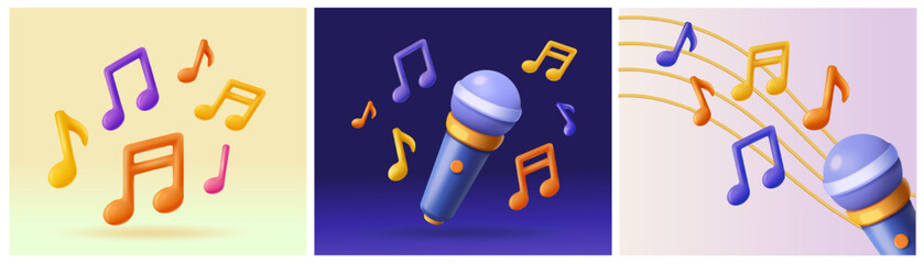 Naklejka na ściany i meble Set of 3D music banners. Backgrounds with microphone, melody and sound symbols, musical notes and lines. Listen to song. Plasticine style vector illustration collection isolated on background