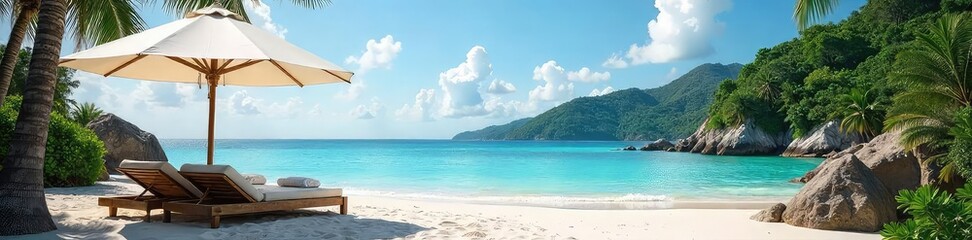 Luxury umbrella resort nestled on a pristine beach, offering serene ocean views and unparalleled relaxation Enjoy the tranquil atmosphere and breathtaking scenery , paradise, luxury