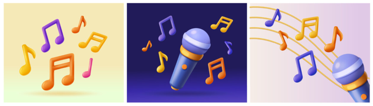 Set of 3D music banners. Backgrounds with microphone, melody and sound symbols, musical notes and lines. Listen to song. Plasticine style vector illustration collection isolated on background