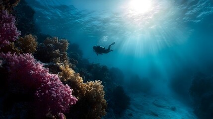 Fototapeta premium A diver explores a colorful coral reef with sunbeams piercing the deep blue ocean