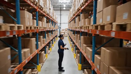 Warehouse worker scanning inventory in a continuous crane shot - Powered by Adobe