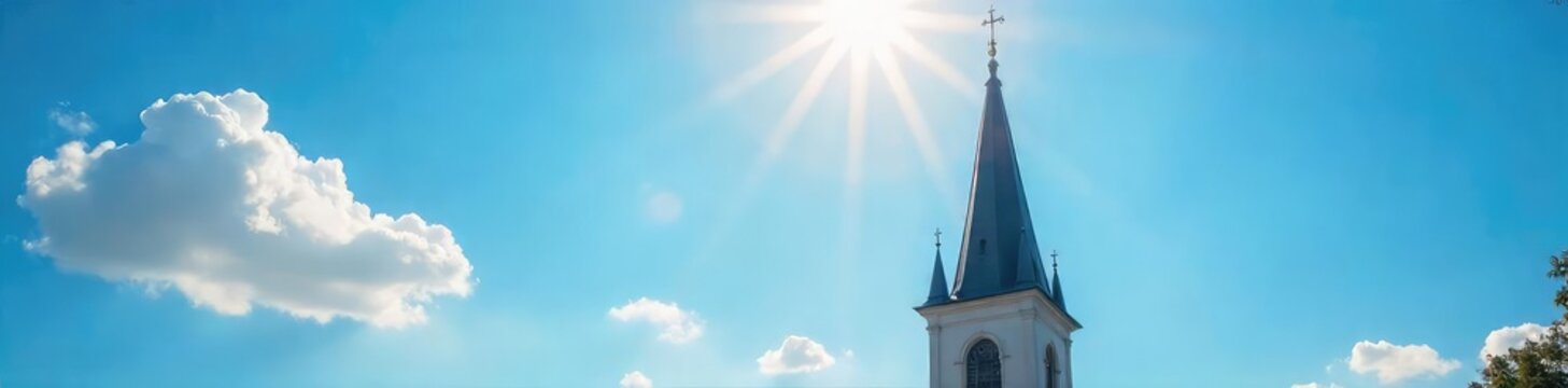 Serene church steeple piercing a vibrant blue sky, bathed in sunlight  Perfect for faith, religion, hope, peace, architecture, travel, and landscape themes ,  christianity,  outdoor,  gothic