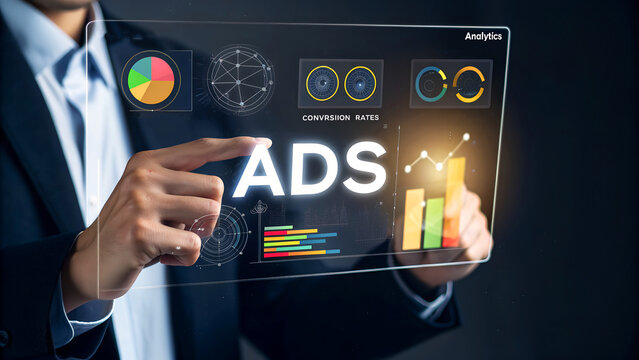Businessman analyzing ads performance on a futuristic digital tablet with data analytics and marketing insights for business growth