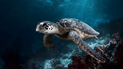 Fototapeta premium A majestic sea turtle gracefully swims through the clear blue ocean depths near a vibrant coral reef formation
