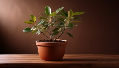 Fototapeta premium A Brown Plant In A Brown Pot Sits On A Brown Table