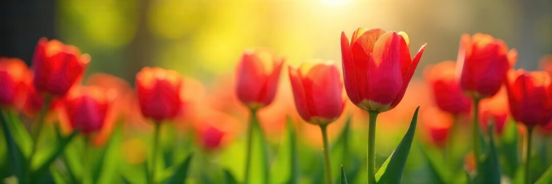 Vibrant tulips bursting forth in a lush spring meadow, bathed in the warm sunlight of a new season Perfect for spring themes, nature imagery, and seasonal celebrations , insects, renewal