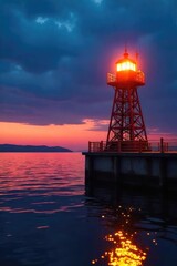 Fototapeta premium A brightly lit dock beacon stands tall against the twilight sky, its light piercing the darkness above calm water Ideal for nautical, maritime, safety, and navigational themes , ship, sea, dock