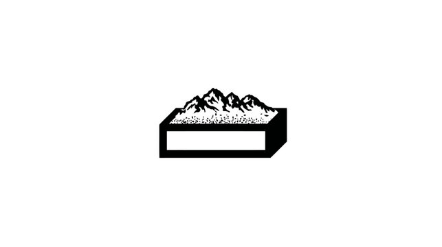Minimalist black and white mountain range icon with textured peaks and a solid rectangular base, simple nature landscape graphic.