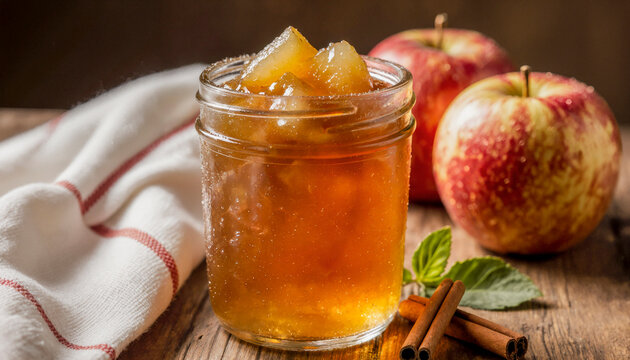 Homemade Apple Jam in Glass Jar with Fresh Apples and Cinnamon