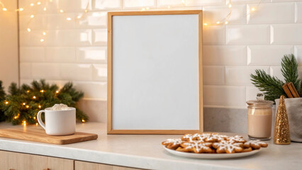 The kitchen is adorned with holiday lights, showcasing freshly baked cookies on a plate and a warm drink in a mug. A blank frame awaits a festive message or decoration