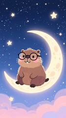 cute capybara with glasses sitting on a crescent moon pastel night sky with stars dreamy illustration vertical composition