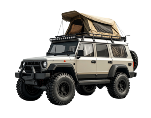 Geländewagen mit aufgestelltem Dachzelt, transparenter Hintergrund, PNG