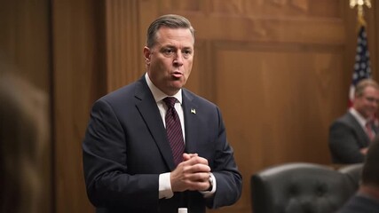 Professional Male Financial Advisor or Executive Speaking Confidently in Formal Meeting, Providing Strategic Business Guidance to Clients