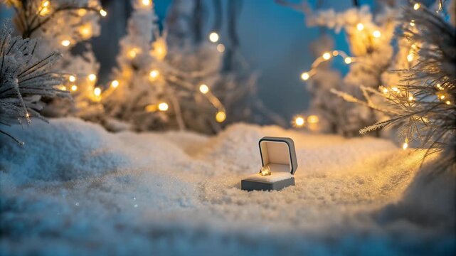 Engagement ring in open velvet box nestled in snow surrounded by twinkling fairy lights and