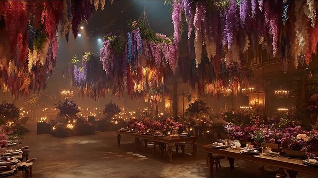 Floral covered ceiling and tables in dimly lit, ornate setting for event