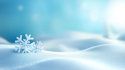 Snowflakes sit peacefully on cool, gentle blue snow background, giving off subtle, and soft winter aesthetic