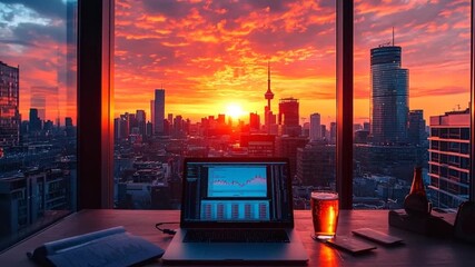 A breathtaking cityscape panorama at sunset, viewed from an elevated office space, featuring a laptop and a drink on a desk.