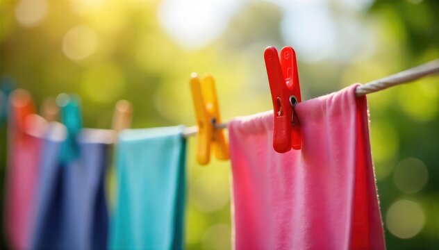 Brightly colored clothes pegs clipped to a taut clothesline, laden with freshly laundered clothing, drying in the sun A summer scene of simple domesticity , clean laundry, sun-dried, clean