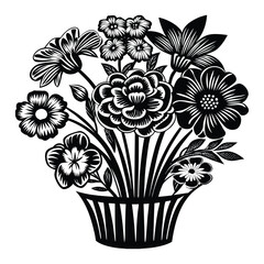 Vase of flowers in black and white drawing